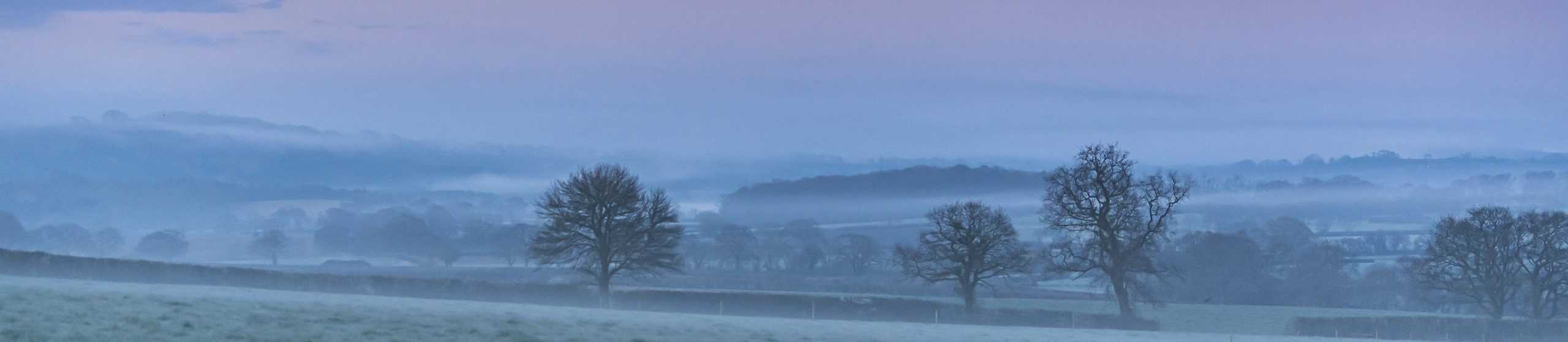 Misty morning across farm fields